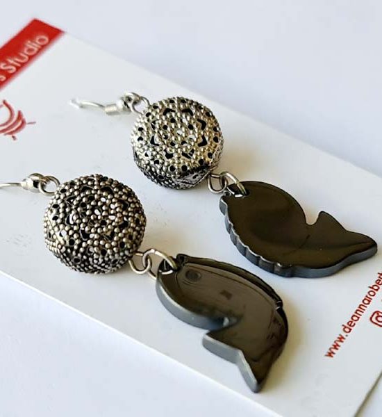 Friendly Fish Earrings 4.5cm x 1.5cm with lacy metal large bead above a hematite fish destash.au