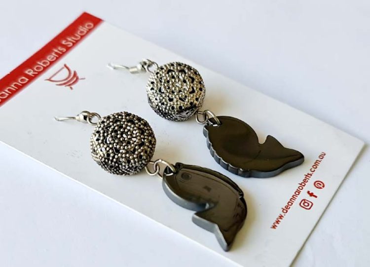 Friendly Fish Earrings 4.5cm x 1.5cm with lacy metal large bead above a hematite fish destash.au