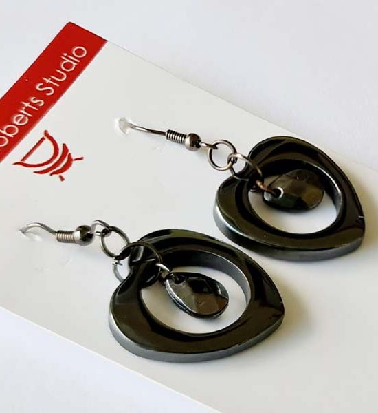 Love Drop Earrings 2.3cm x 2.5cm with charm hanging inside of a hematite heart and gunmetal hooks destash.au