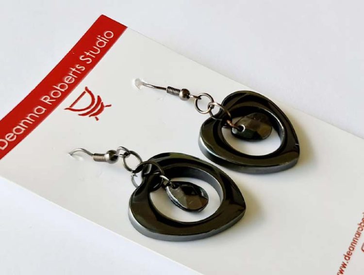 Love Drop Earrings 2.3cm x 2.5cm with charm hanging inside of a hematite heart and gunmetal hooks destash.au