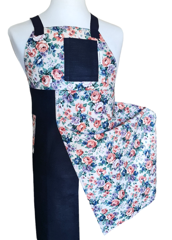 Navy Rose Split-leg apron (79 x 89) Crossover back - Deanna Roberts Studio