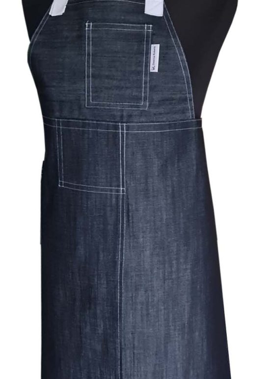 Denim and White Split-leg Apron 80 x 89 with wide front overlap - Deanna Roberts Studio