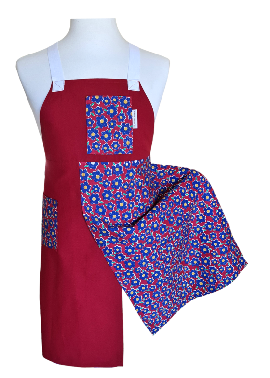 Red Wine and Roses Split-leg apron 74 x 88 with wide centre front overlap - Deanna Roberts Studio