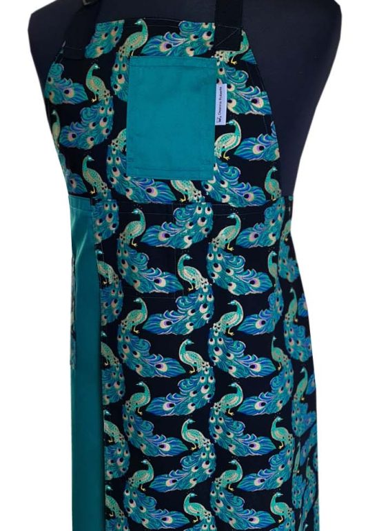 Green Peacock Split-leg apron 88 x 73 with adjustable neck strap & waist ties - Deanna Roberts Studio
