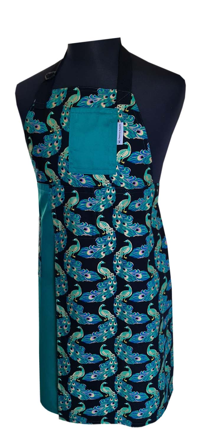 Green Peacock Split-leg apron 88 x 73 with adjustable neck strap & waist ties - Deanna Roberts Studio