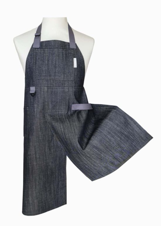 Denim & Grey Split-leg Tradie apron 80 x 91 with adjustable neck strap, extra large bib pocket & waist ties, key ring & towel loop - Deanna Roberts Studio