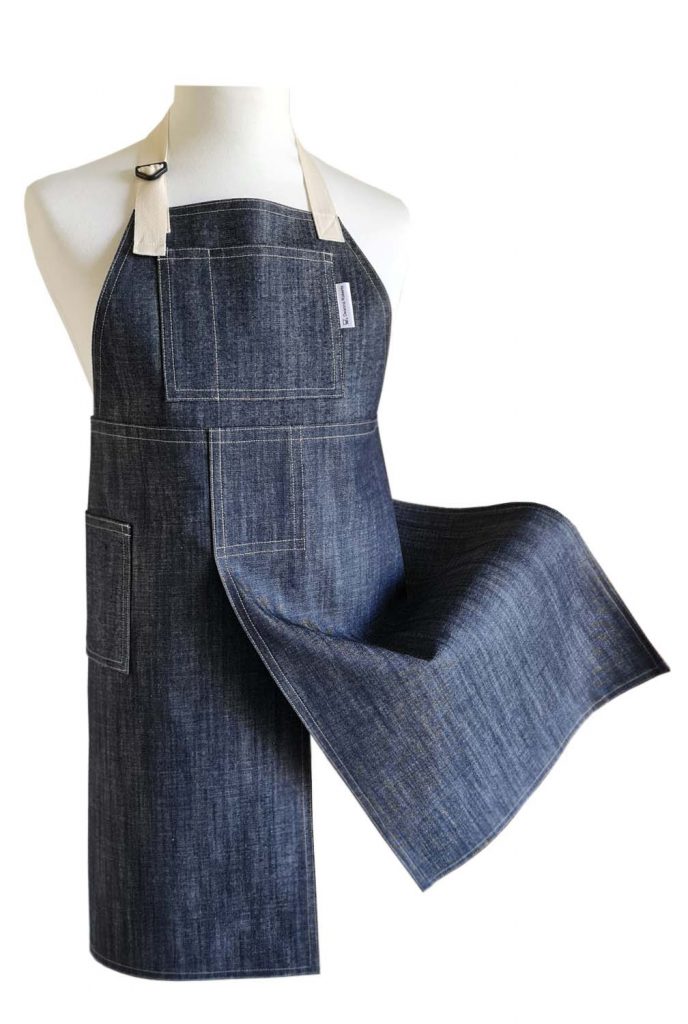 Naturally Denim Split-leg apron 79 x 90 with adjustable neck strap, waist ties, & large bib pocket - Deanna Roberts Studio