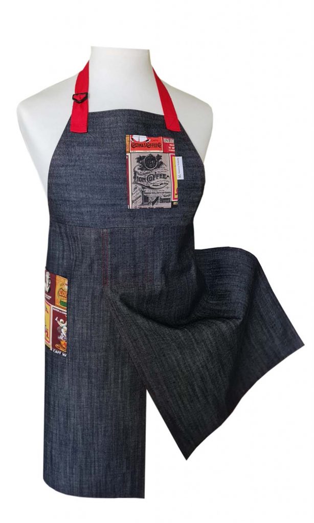 Red Bean Denim Split-leg apron 81 x 92 with adjustable neck strap & waist ties - Deanna Roberts Studio