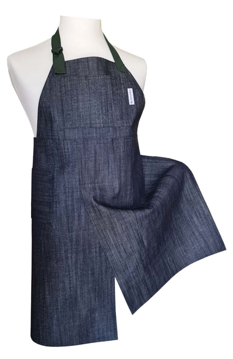 Denim and Green Split-leg apron 78 x 90 with adjustable neck strap & waist ties - Deanna Roberts Studio