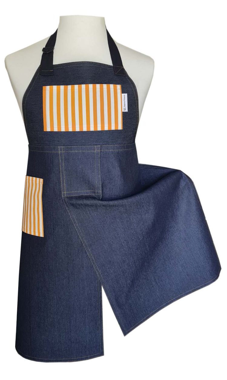 Denim and Orange Split-leg apron 77 x 88 with adjustable neck strap - Deanna Roberts Studio
