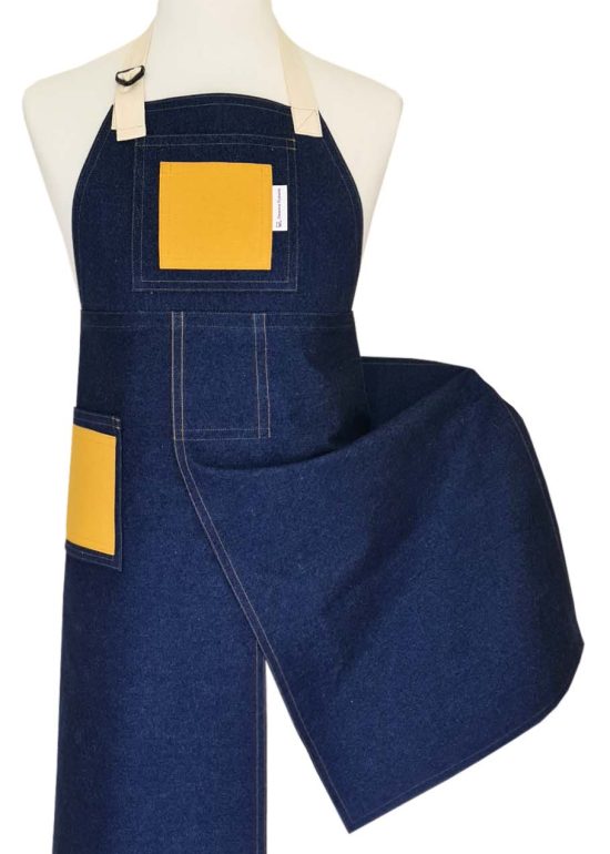 Indigo Seed Denim Split-leg apron 77 x 93 with adjustable neck strap - Deanna Roberts Studio