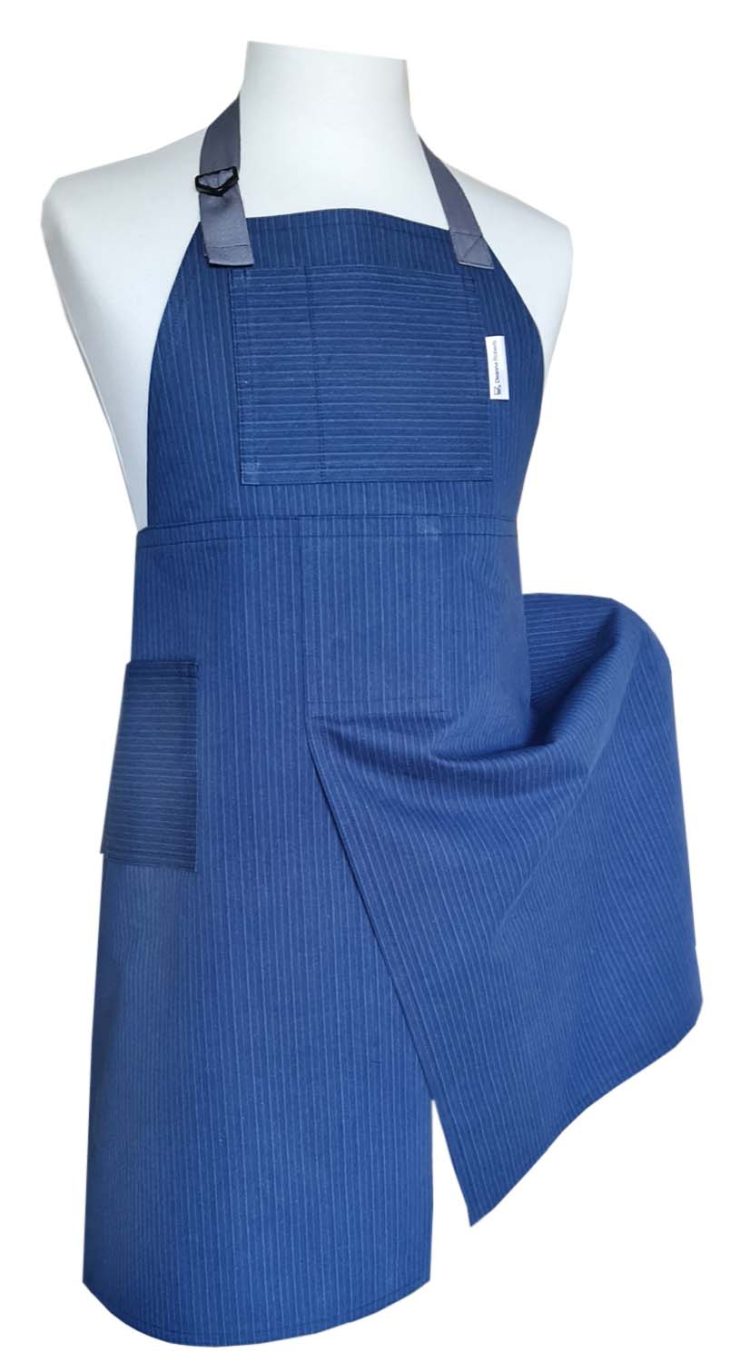 Subtle Strip Denim Split-leg apron 79 x 89 with adjustable neck strap - Deanna Roberts Studio