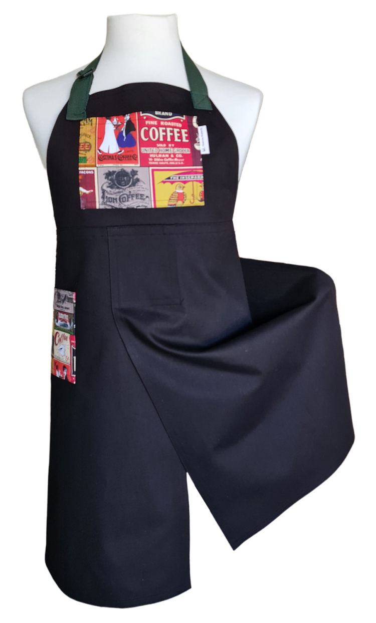 Black Coffee Split-leg apron 80 x 90 with adjustable neck strap - Deanna Roberts Studio