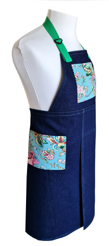 Mint Rose Denim Split-leg apron 79 x 90 with adjustable neck strap - Deanna Roberts Studio