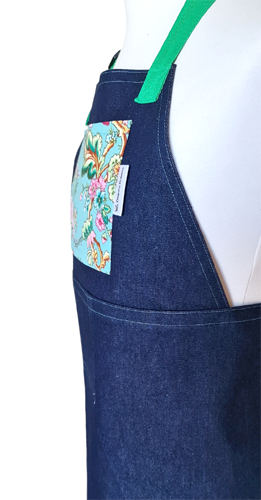 Mint Rose Denim Split-leg apron 79 x 90 with adjustable neck strap - Deanna Roberts Studio