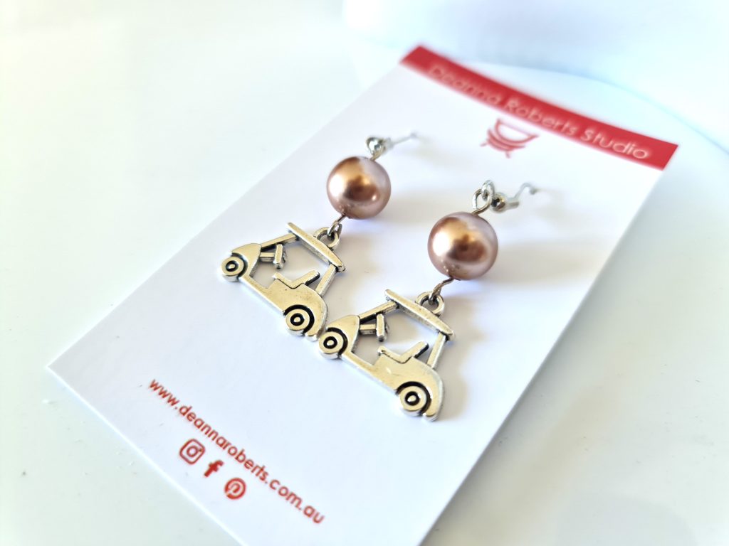 Golf cart earrings with 9mm rose faux pearl - Deanna Roberts Studio