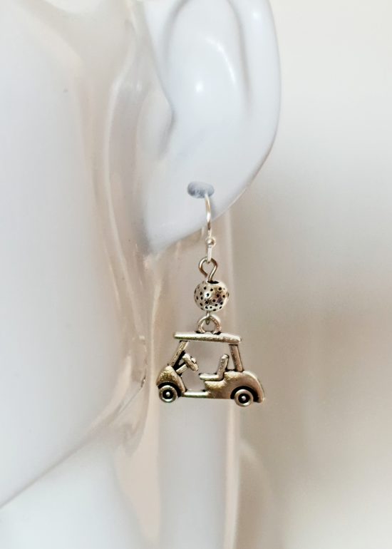 Golf cart golf ball earrings (Sterling silver hook) - Deanna Roberts Studio