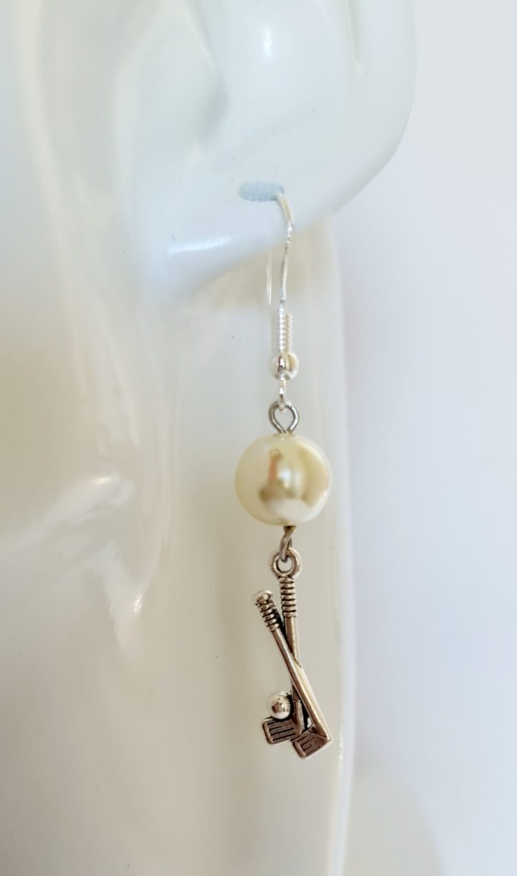 Golf twin clubs earrings with 9mm faux pearl (Sterling silver - Deanna Roberts Studio)