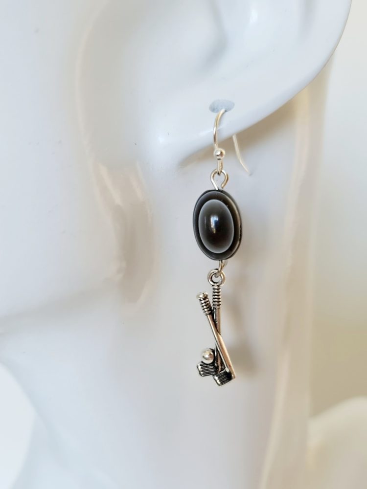 Golf twin clubs with 12mm charcoal bead (Sterling silver hooks) - Deanna Roberts Studio