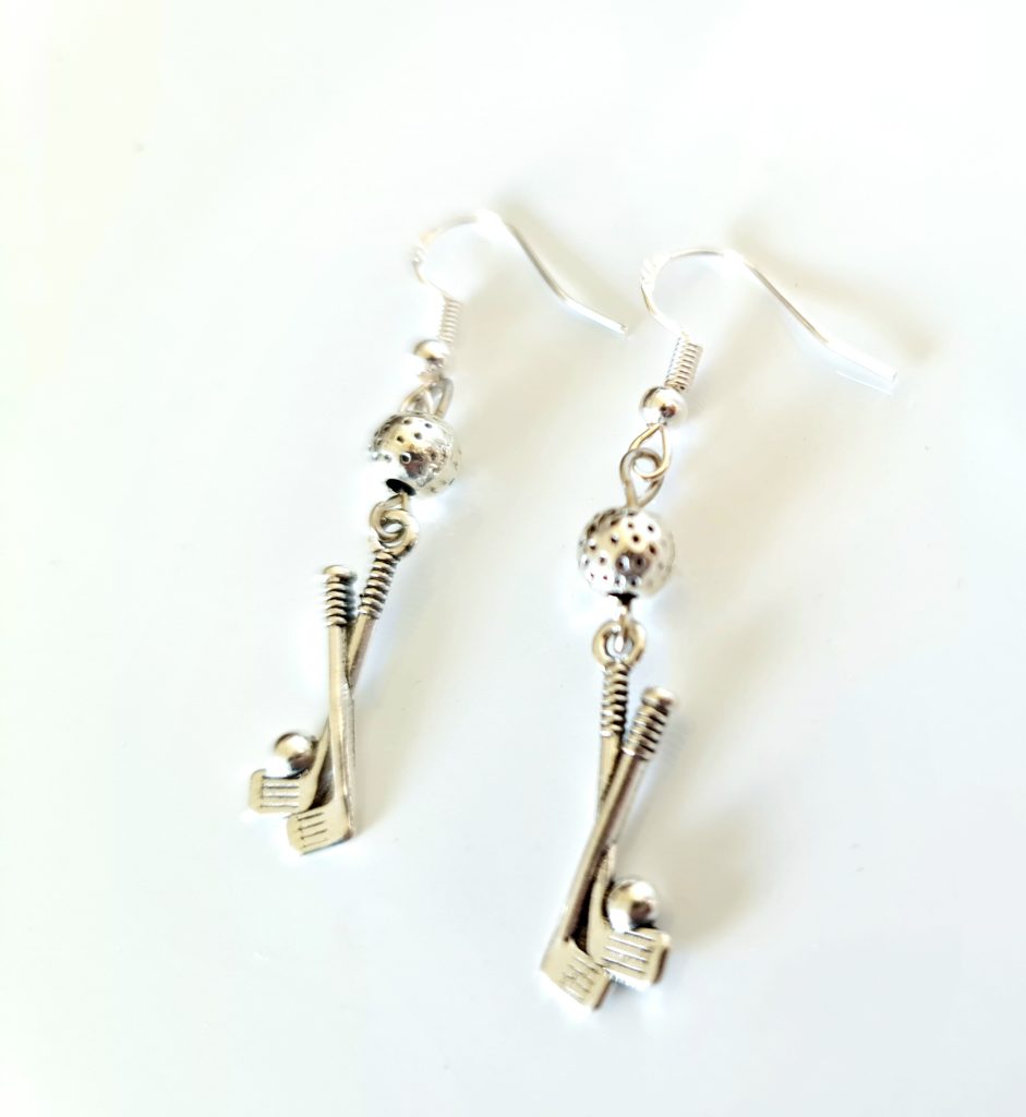 Golf twin clubs with golf ball charm (Sterling silver hooks) - Deanna Roberts Studio
