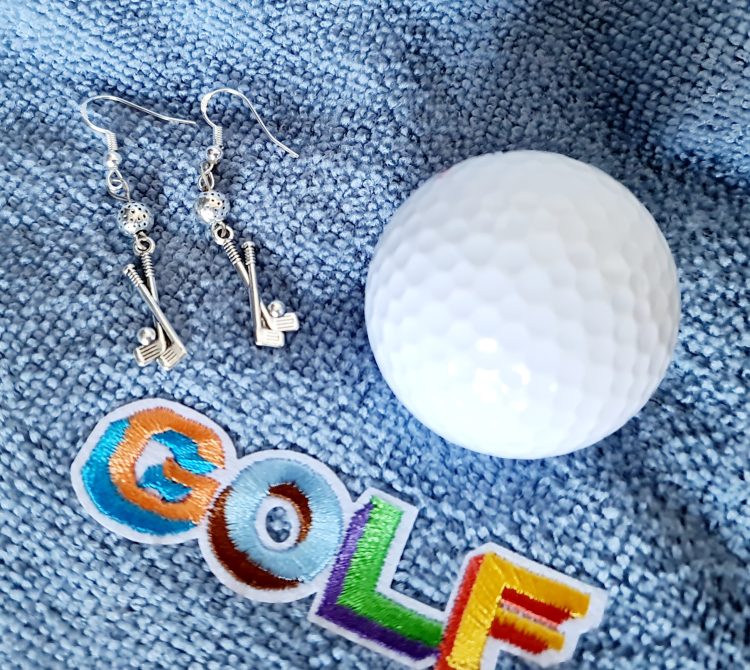 Golf twin clubs with golf ball charm (Sterling silver hooks) - Deanna Roberts Studio
