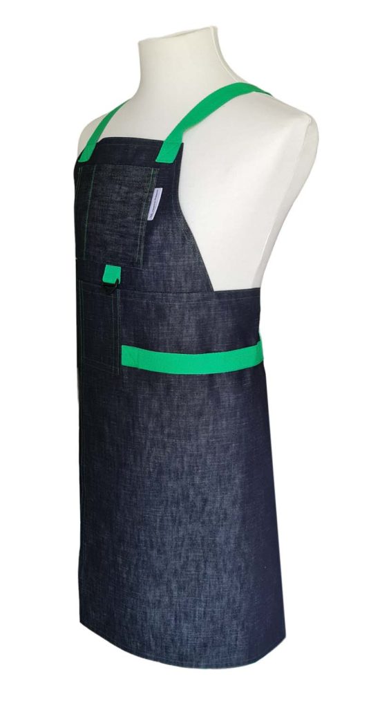 Denim Green Split-leg apron 80 x 90 with crossover back - Deanna Roberts Studio