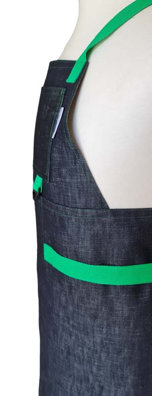 Denim Green Split-leg apron 80 x 90 with crossover back - Deanna Roberts Studio
