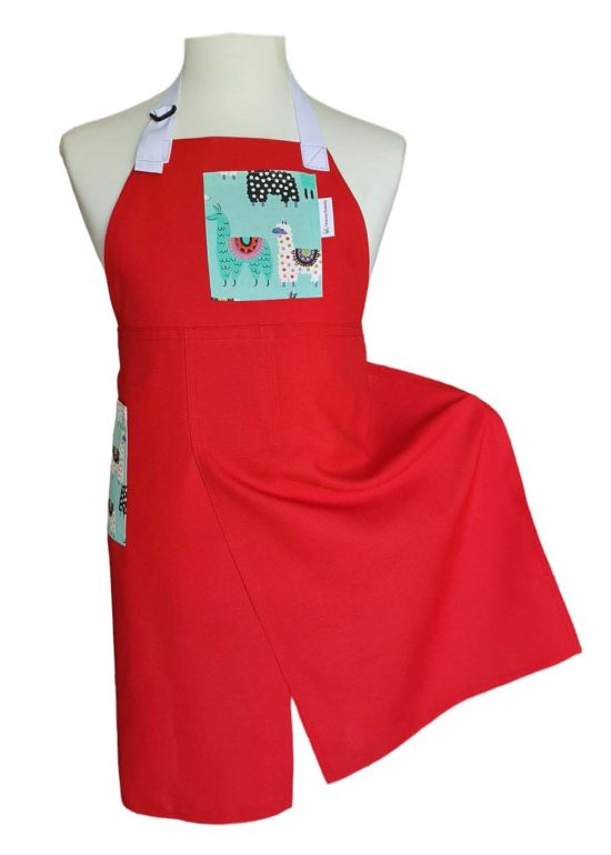 Red Llama Split-leg apron 73 x 89 with adjustable neck strap - Deanna Roberts Studio