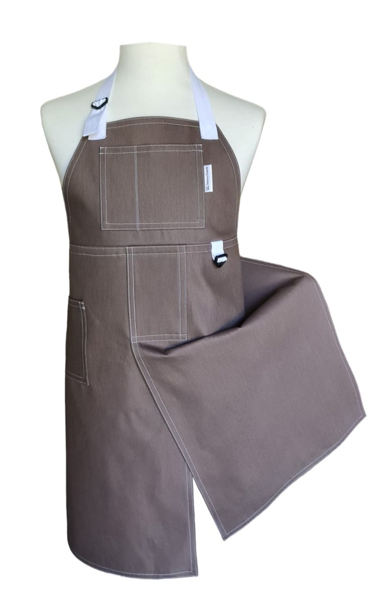 Mocha Moleskin Split-leg apron 80 x 92 with adjustable neck strap - Deanna Roberts Studio