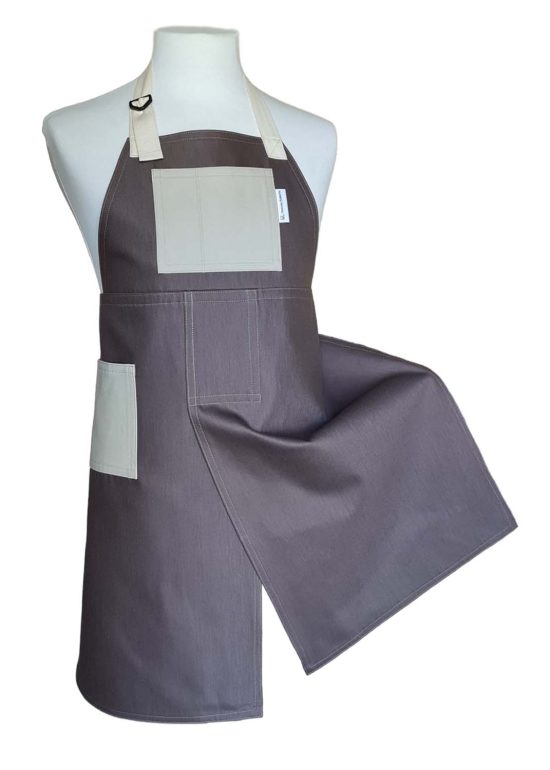 Mushroom & Sand Split-leg apron 76 x 87 with adjustable neck strap - Deanna Roberts Studio