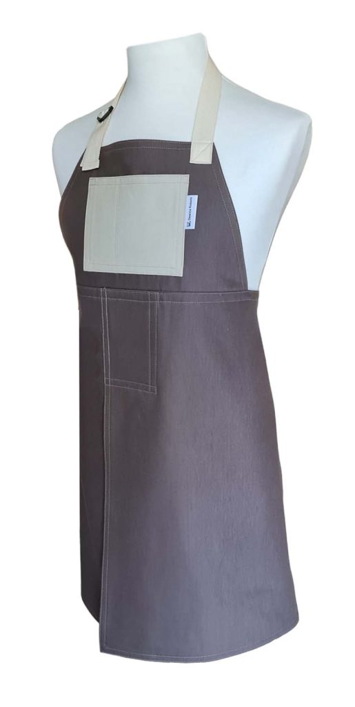 Mushroom & Sand Split-leg apron 76 x 87 with adjustable neck strap - Deanna Roberts Studio