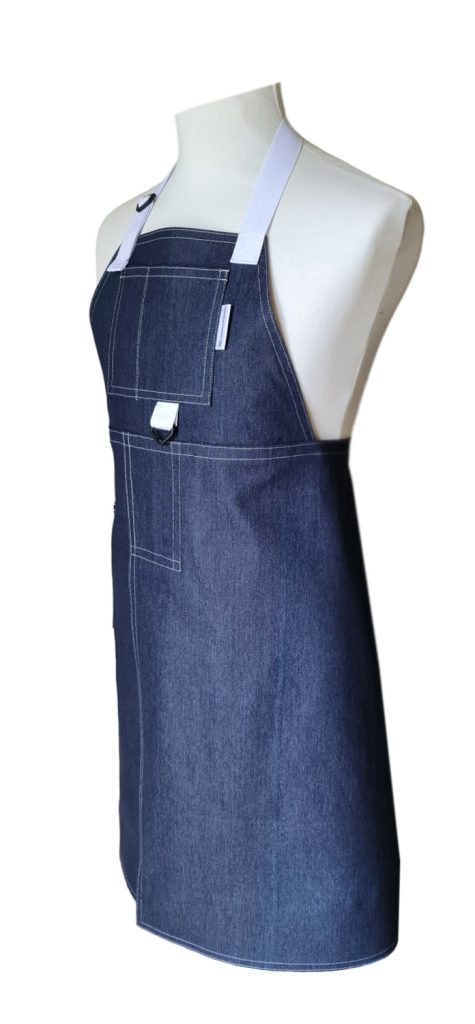 Stretch Denim & White Split-leg apron 78 x 93 with adjustable neck strap