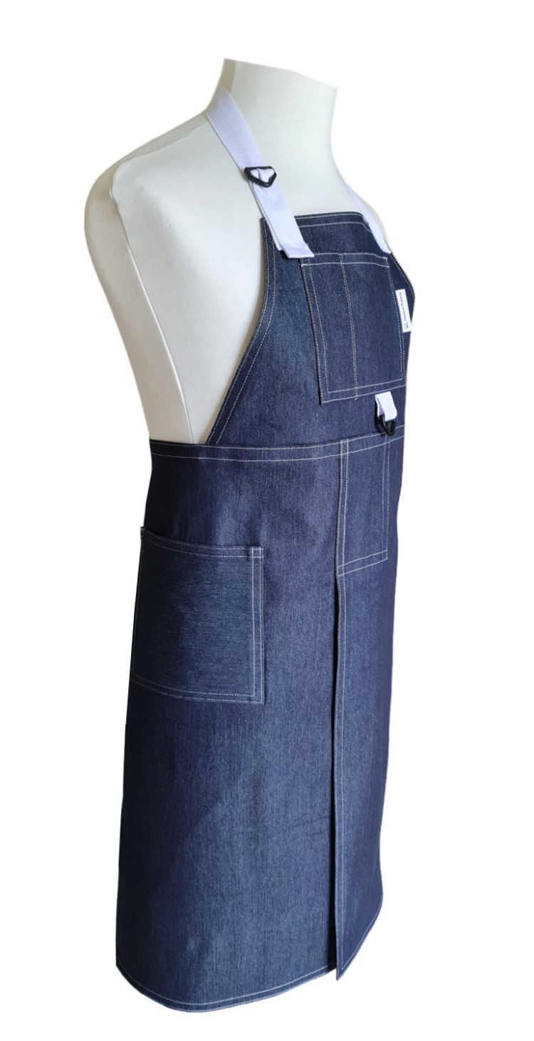Stretch Denim & White Split-leg apron 78 x 93 with adjustable neck strap