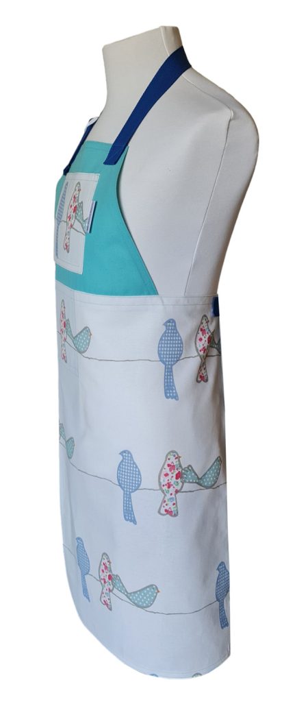 Aqua Bird Split-leg apron 76 x 90 with adjustable neck strap - Deanna Roberts Studio