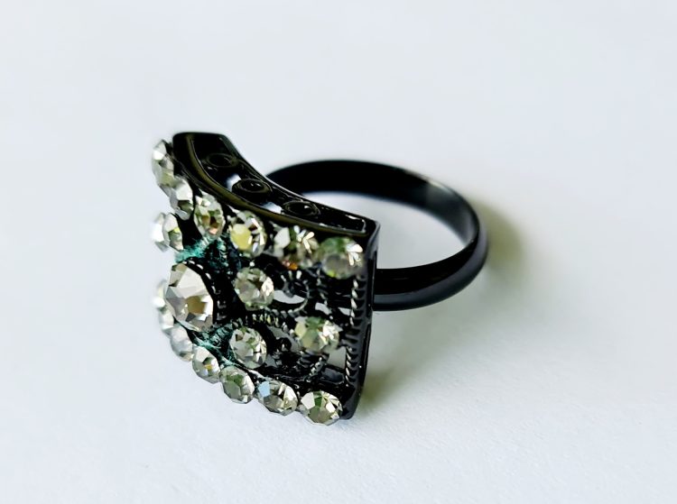 Black Forest Ring Size 8 Ring inside diameter 19mm gunmetal with a black lace backing and cubic zirconias destash.au