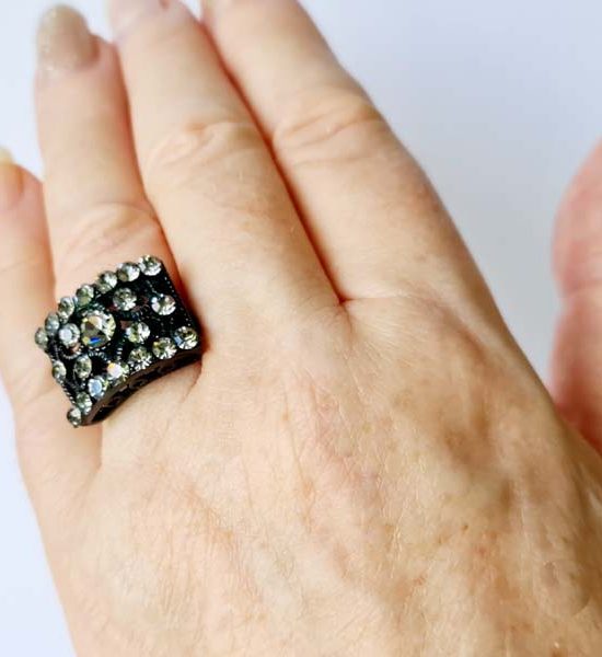 Black Forest Ring Size 8 Ring inside diameter 19mm gunmetal with a black lace backing and cubic zirconias destash.au