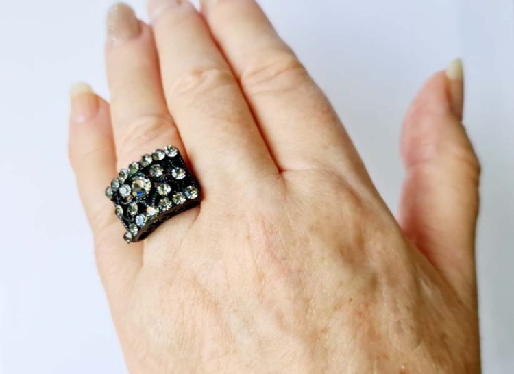 Black Forest Ring Size 8 Ring inside diameter 19mm gunmetal with a black lace backing and cubic zirconias destash.au