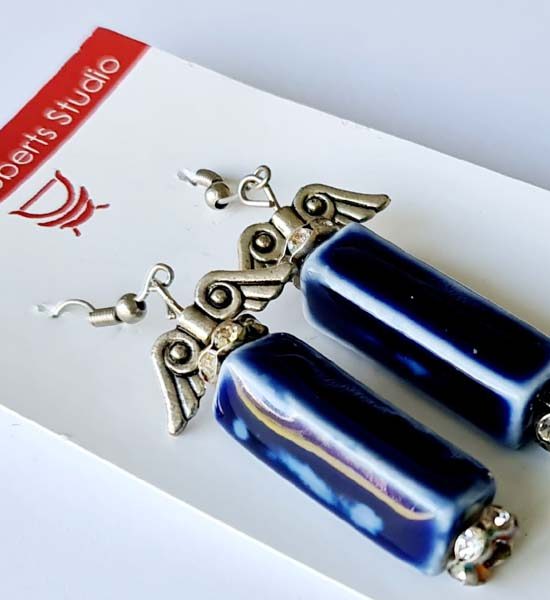 Blue porcelain long bead earrings 5.5cm x 1.5cm with silver angel wings and diamante beads destash.au