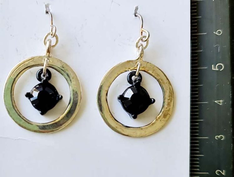 Ding Ding Silver and black stone earrings 3.5cm x 2cm flat silver ring with cut black stone hanging in centre destash.au