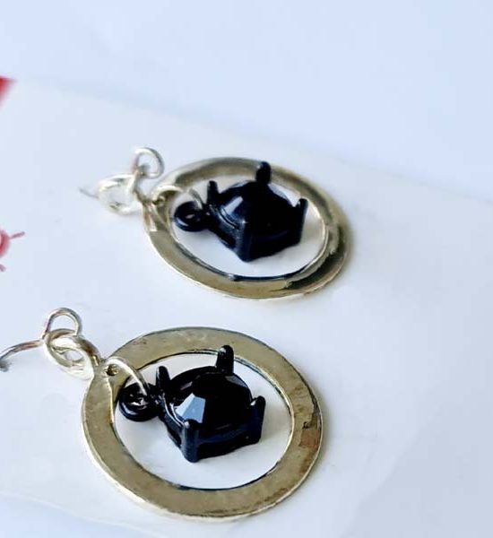 Ding Ding Silver and black stone earrings 3.5cm x 2cm flat silver ring with cut black stone hanging in centre destash.au