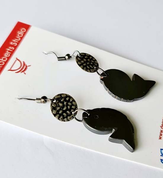 Haematite Fish Earrings with silver disc addition 4cm x 1.5cm and reflective - destash.au