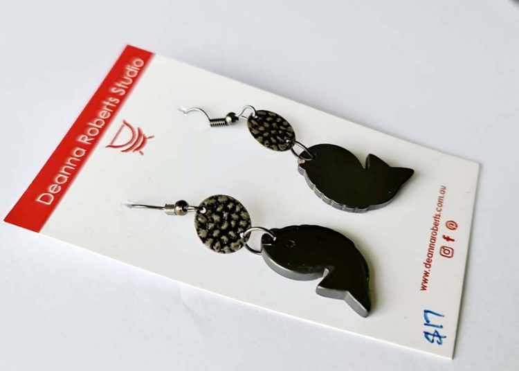 Haematite Fish Earrings with silver disc addition 4cm x 1.5cm and reflective - destash.au