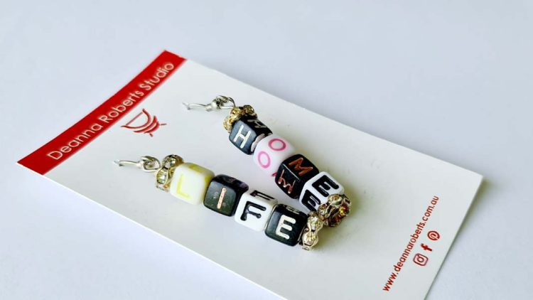 Life Home Letter Earrings 4cm x .7cm with diamante beads at top and bottom destash.au