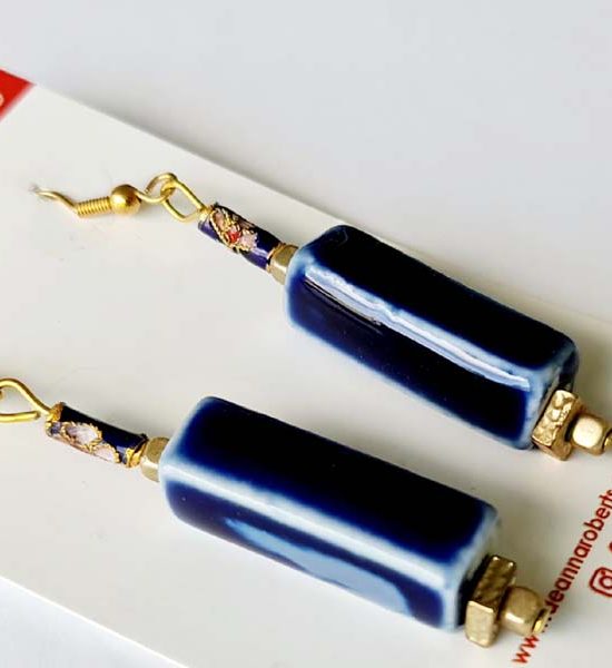 Midnight Blue Porcelain long bead earrings 5cm x .8cm with cloisonne bead, gold square bead at base and gold plated hooks destash.au