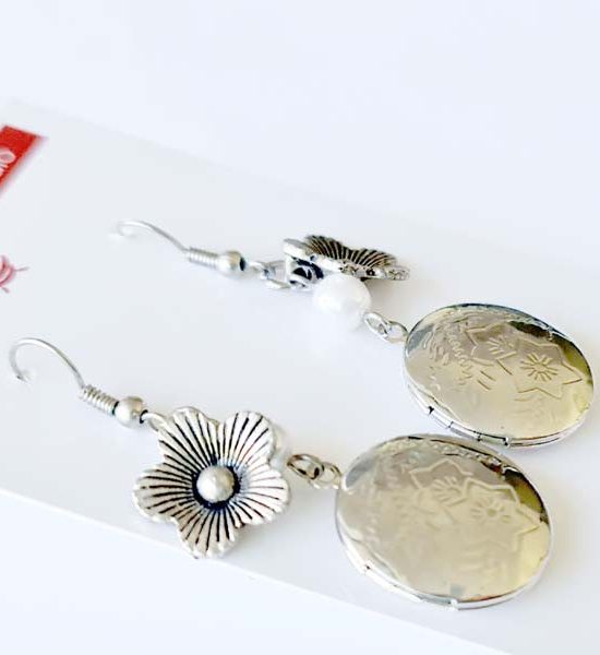 Silver Locket Earrings with flower and pearl bead and locket with flower impression 4cm x 2cm destash.au