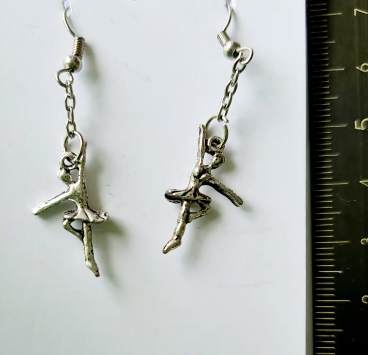 Silver plate ballerina earrings 4cm x 1cm with small chain and 2 cute ballerinas destash.au