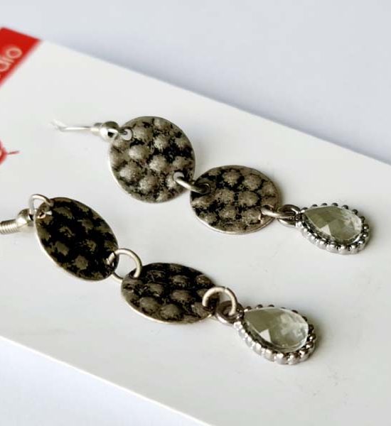 Spot Drop Earrings with 2 silver pressed discs and cut glass bordered teardrop 4cm x 1cm destash.au