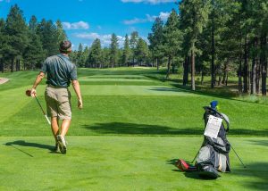 Golf score card on golf bag with male golfer on tee box - Deanna Roberts Studio (7.1)