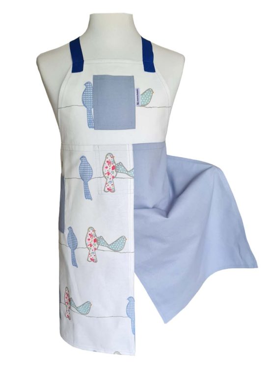 Grey Bird Split-leg apron 76 x 90 with crossover back ties and 2 pockets - Deanna Roberts Studio